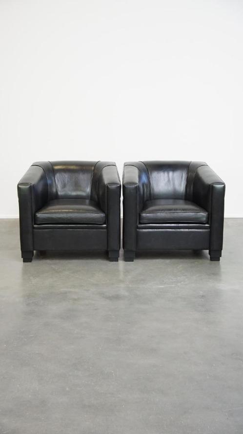 Set van 2 zwarte schapenleren Art Deco design fauteuils, Huis en Inrichting, Fauteuils, Gebruikt, Leer, 75 tot 100 cm, 75 tot 100 cm