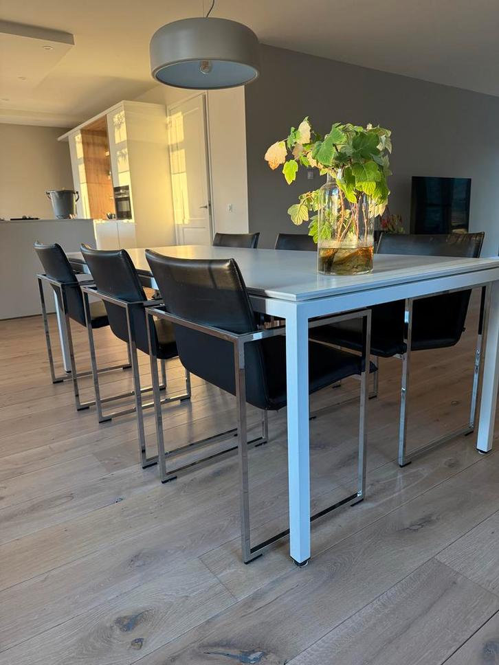 Arco Frame stoelen (6) + witte tafel (220x100), Huis en Inrichting, Stoelen, Gebruikt, Vijf, Zes of meer stoelen, Leer, Metaal