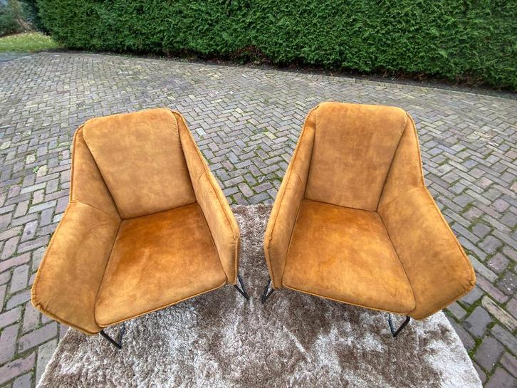 2 design stoelen geel, Huis en Inrichting, Stoelen, Zo goed als nieuw, Twee, Metaal, Stof, Overige kleuren, Ophalen