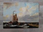 Schilderij zeegezicht schepen bij de kust, Antiek en Kunst, Ophalen of Verzenden