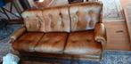 Vintage leren salonset 3-zits + 2 fauteuils, massief hout, E, Ophalen, Gebruikt, 75 tot 100 cm, Hout
