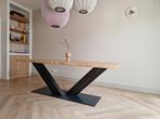 Houten eettafel met metalen onderstel, Huis en Inrichting, Tafels | Eettafels, Ophalen, Gebruikt, 200 cm of meer, 50 tot 100 cm