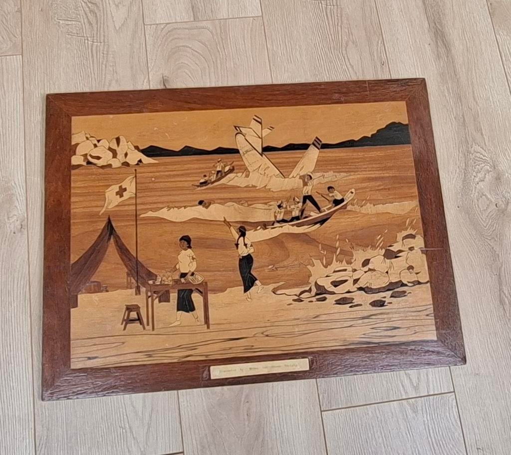 Vintage intarsia / hout-inleg wandpaneel – 60  46 cm, Ophalen of Verzenden