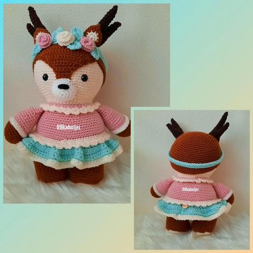 Nieuwe zelfgehaakte knuffel. Lief hertje. Roze bloemen., Kinderen en Baby's, Speelgoed | Knuffels en Pluche, Nieuw, Overige typen