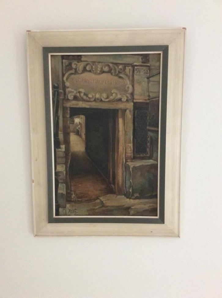 Schilderij ‘Het Houtkopershoff 56-52’ A’dam ( Nwe Looierstr), Antiek en Kunst, Kunst | Schilderijen | Klassiek, Ophalen of Verzenden