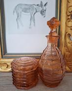 Rosaline Glas, Boudoir set, parfumflesje en dekselpotje, Antiek en Kunst, Antiek | Glas en Kristal, Ophalen of Verzenden