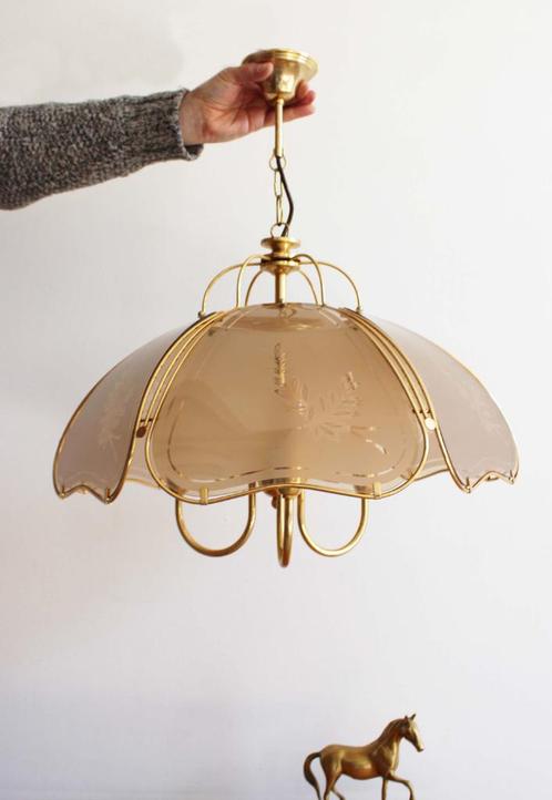 Hollywood Regency hanglamp. Gouden vintage lamp - Herda, Huis en Inrichting, Lampen | Hanglampen, Gebruikt, Minder dan 50 cm, Glas