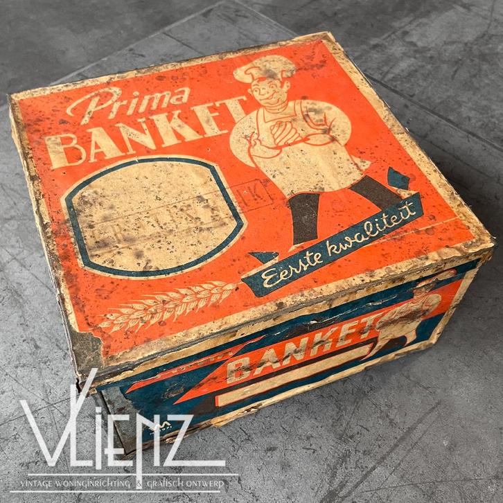 Vintage, brocante vierkant blik van Prima Banket, Verzamelen, Blikken, Gebruikt, Koek(jes), Ophalen of Verzenden