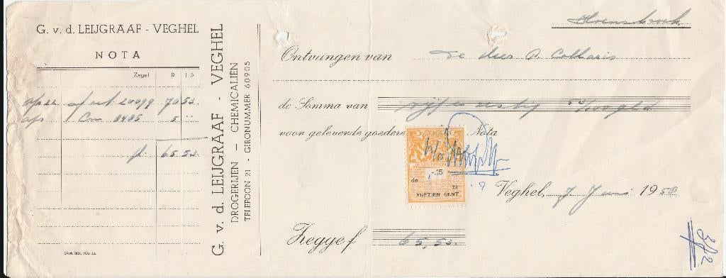 VEGHEL 1958 Kwitantie G vd LEIJGRAAF Drogerijen, Verzenden, Voor 1920, Gelopen, Noord-Brabant