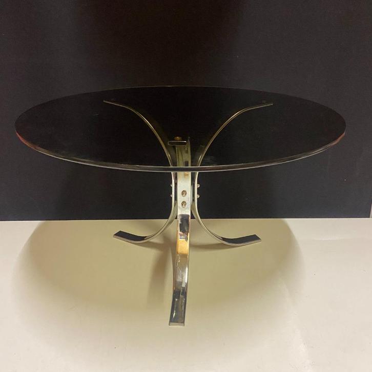 OPRUIMING Jaren 60 70 driepoot chroom en rookglas salontafel, Huis en Inrichting, Tafels | Salontafels, Gebruikt, 50 tot 75 cm