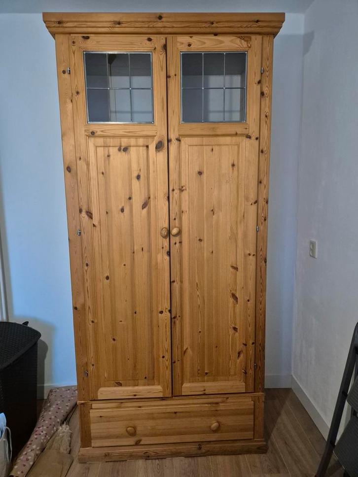Grenen kast met glas in lood, Huis en Inrichting, Kasten | Kledingkasten, Gebruikt, 200 cm of meer, 50 tot 100 cm, 50 tot 75 cm