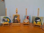 Partij 12 - vogelschilderijtjes 4 st- puttertje ara koolmees, Minder dan 50 cm, Nieuw, Ophalen of Verzenden, Schilderij