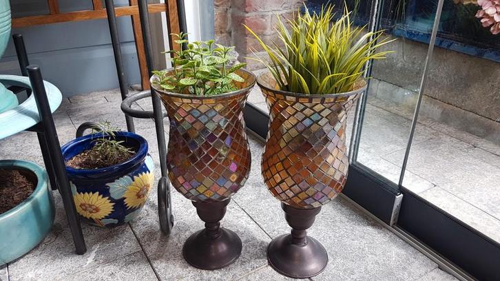 Antieke Windlichten chromen voet en glas, Tuin en Terras, Bloempotten, Overige materialen, Minder dan 40 cm, Minder dan 25 cm