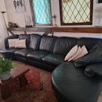 Donkerblauwe leren hoekbank - 4+ personen, Gebruikt, 100 tot 125 cm, Hoekbank, 300 cm of meer
