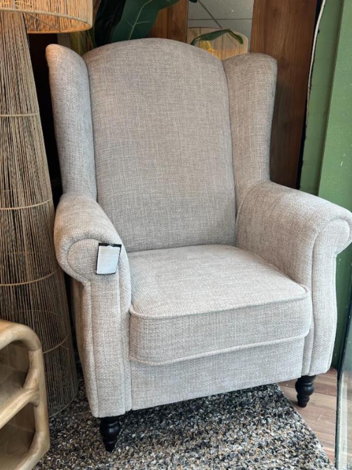 Klassieke oorfauteuil – Naturel geweven velours, Huis en Inrichting, Fauteuils, Zo goed als nieuw, Hout, Stof, 50 tot 75 cm, 75 tot 100 cm