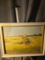 Hooiende boer in zonnig landschap, Antiek en Kunst, Kunst | Schilderijen | Klassiek, Ophalen of Verzenden