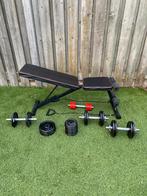 Fitnessbank met elastiek en dumbells te koop, Gebruikt, Krachtstation, Armen, Ophalen of Verzenden