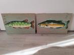 Twee vissen op houten paneel geschilderd Filipijnen, Antiek en Kunst, Kunst | Niet-Westerse kunst, Ophalen of Verzenden