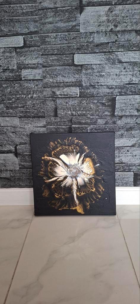 Abstract schilderij - Zwart, Wit & Goud, 29 x 30 cm, Antiek en Kunst, Kunst | Schilderijen | Abstract, Ophalen of Verzenden