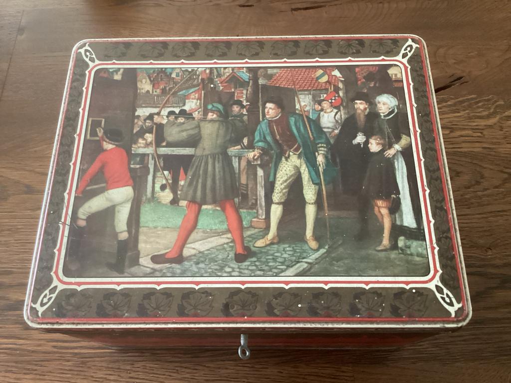 Vintage Beschuitbus met Historische Afbeelding, Ophalen of Verzenden