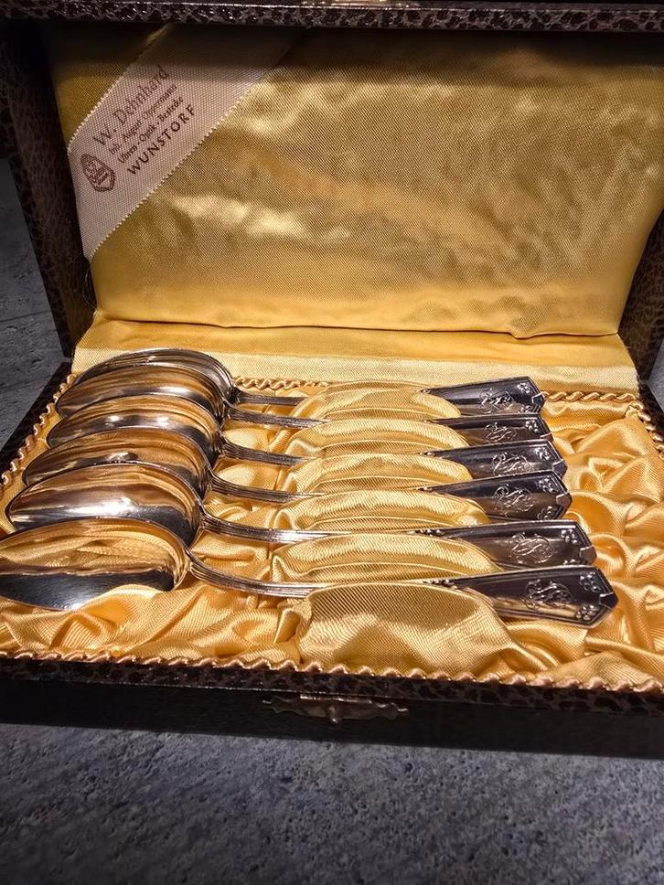 Zilveren lepeltjes W. Dehnhard Wunstorf in koffer, Antiek en Kunst, Antiek | Bestek, Ophalen of Verzenden