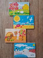 4 houten puzzels in houten doos 4 x 12 stukjes, Ophalen of Verzenden, 10 tot 50 stukjes, Gebruikt