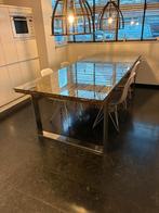 Industriële massief houten eettafel met glasplaat, Huis en Inrichting, Tafels | Eettafels, Ophalen, Gebruikt, 100 tot 150 cm, 200 cm of meer