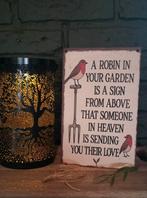 Wandbordje hout Roodborstje met troostende tekst, Nieuw, Ophalen of Verzenden, Info@lievesaar.nl, Lieve Saar