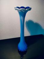 Murano Vaas Trompet Blauw Ribbels 1980, Ophalen of Verzenden