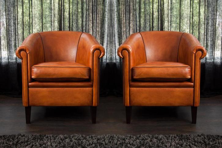 Clubbfauteuils in superdik schapenleer, Huis en Inrichting, Fauteuils, Nieuw, Leer, 75 tot 100 cm, 75 tot 100 cm, Ophalen