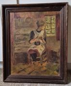 Vrouw met breiwerk voor een raam in een boeren woning., Verzenden