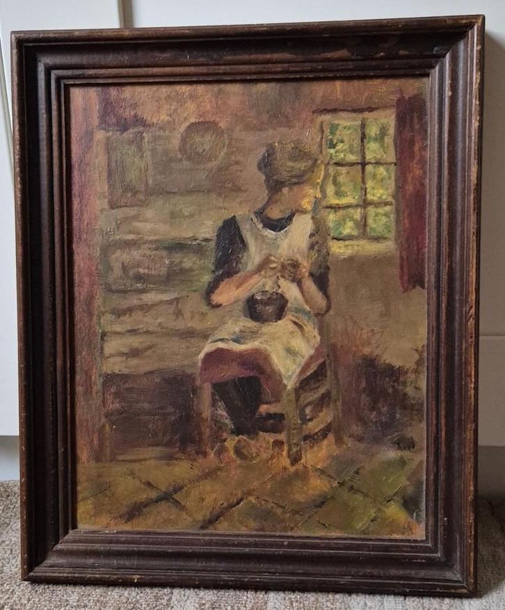 Vrouw met breiwerk voor een raam in een boeren woning., Antiek en Kunst, Kunst | Schilderijen | Klassiek, Verzenden