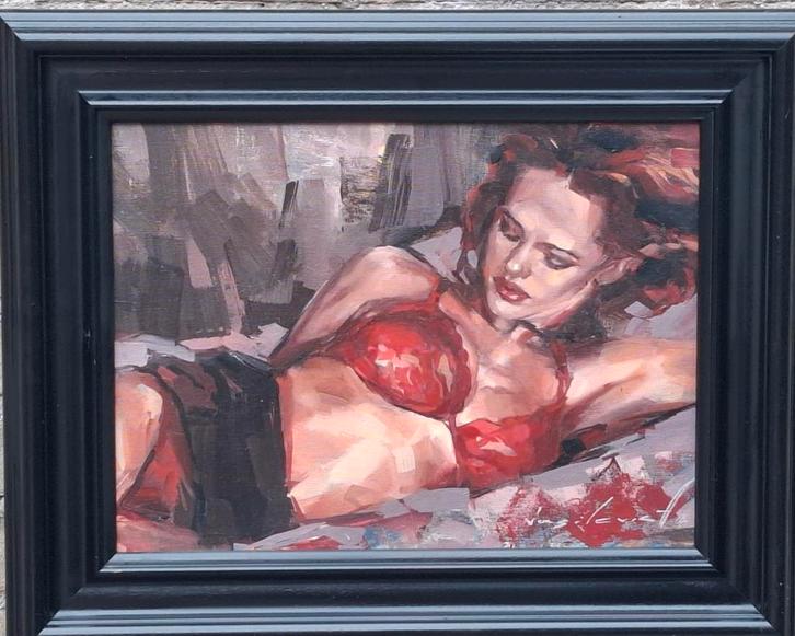 V. Alexander,  Pin-up. Olie/doek.  51/41 cm. Certificaat., Antiek en Kunst, Kunst | Schilderijen | Klassiek, Ophalen