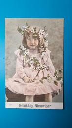 Gelukkig Nieuwjaar- meisje in roze jurk met bloemen, Ophalen of Verzenden, Voor 1920, Ongelopen, Feest(dag)