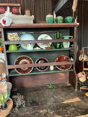 Oud Houten Bordenrek - Groen & Houtkleur beschikbaar voor biedingen