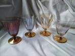 4 Cocktail-GLAZEN 12 cm hoog,  gekleurde kelk, gouden voet, Antiek en Kunst, Antiek | Glas en Kristal, Ophalen of Verzenden