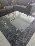 Design glazen Salontafel, RVS poten, vierkant model, Ophalen, Vierkant, Zo goed als nieuw, Glas