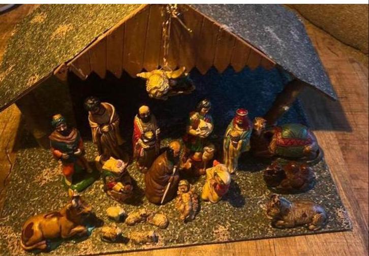 Antieke Complete set kerststal figuren, handbeschilderd, Diversen, Kerst, Ophalen