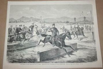 Antieke gravure - Horden springen met paarden - Ca 1875 !!