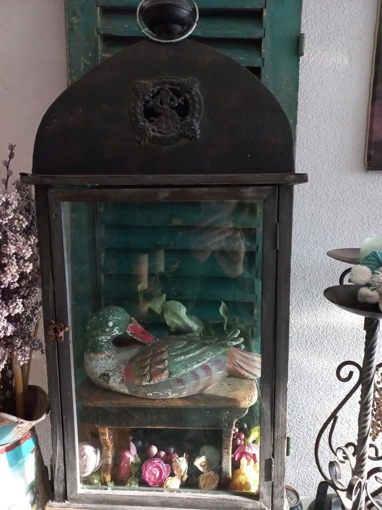 Groot Brocante windlicht, Huis en Inrichting, Woonaccessoires | Kandelaars en Kaarsen, Ophalen, Gebruikt, Zwart, 75 cm of meer