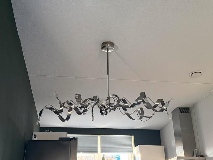 Design plafondlamp + moderne hanglamp –RVS /chroom –setprijs, Huis en Inrichting, Lampen | Plafondlampen, Zo goed als nieuw, Ophalen