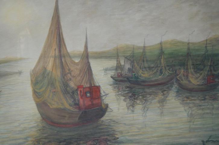 Aqua Theo Idserda (Mol 1912 - Brugge 1992) Vissersscheepjes., Antiek en Kunst, Kunst | Schilderijen | Klassiek, Ophalen