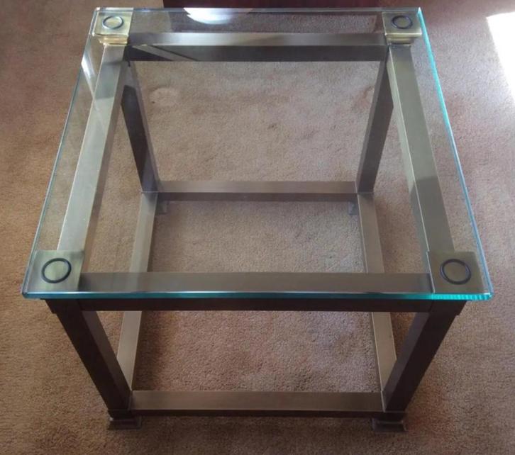 Glazen salontafel vierkant met messing frame, Huis en Inrichting, Tafels | Salontafels, Gebruikt, Minder dan 50 cm, 50 tot 100 cm