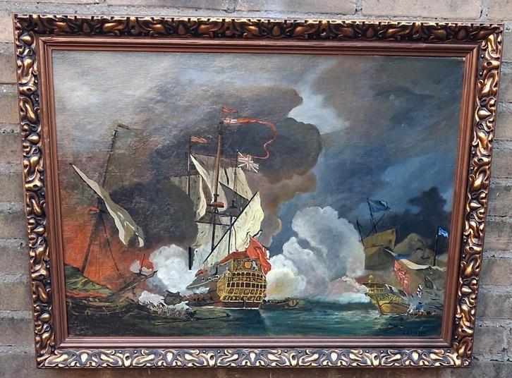 E.A. Visser, Engels schip in gevecht met Barbarijse schepen, Antiek en Kunst, Kunst | Schilderijen | Klassiek, Ophalen