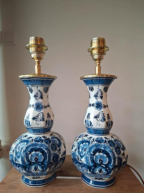 Set van 2 handgemaakte Delfts blauwe vaaslampen, Huis en Inrichting, Lampen | Tafellampen, Zo goed als nieuw, Minder dan 50 cm