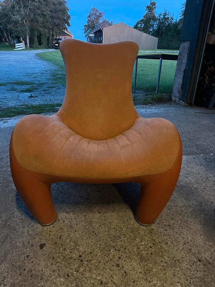 Leolux Balou fauteuil - Oranje leer, Huis en Inrichting, Fauteuils, Gebruikt, Leer, 75 tot 100 cm, Ophalen of Verzenden