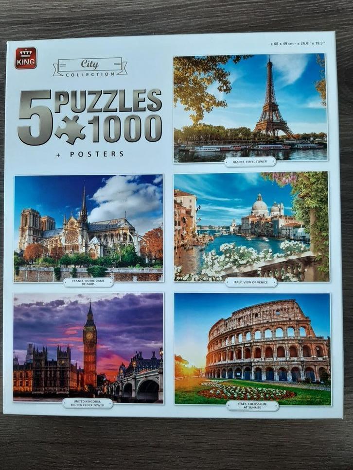 KING puzzels City Collection: 5 stuks (5x1000) in 1 doos, Hobby en Vrije tijd, Denksport en Puzzels, Zo goed als nieuw, Legpuzzel