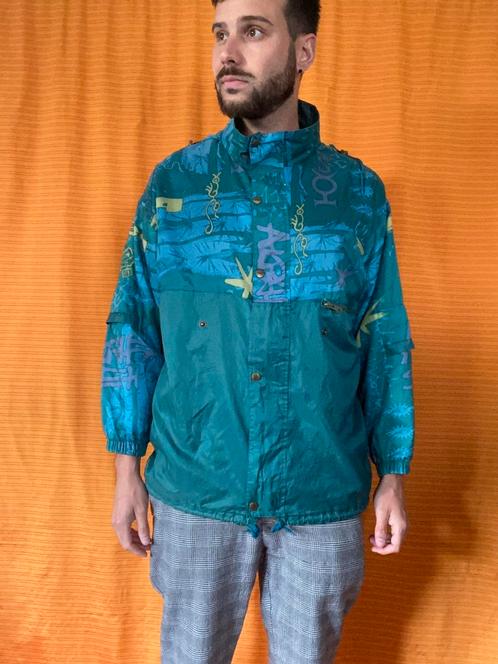 Vintage groene jas met capuchon 90’s/jaren 90- print, Kleding | Heren, Overhemden, Gedragen, Halswijdte 39/40 (M), Groen, Ophalen of Verzenden