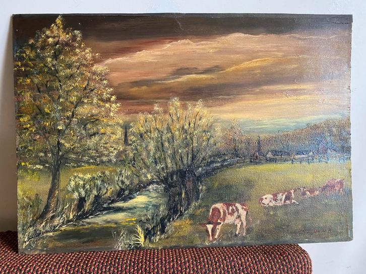 Landschap met koeien - P. v.d. Donk, Antiek en Kunst, Kunst | Schilderijen | Klassiek, Ophalen of Verzenden
