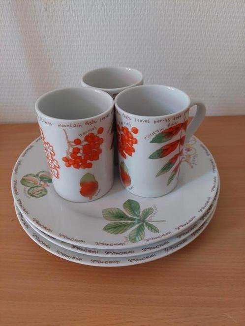 3 Borden (24 cm) en mokken met botanisch decor., Huis en Inrichting, Keuken | Servies, Zo goed als nieuw, Bord(en), Overige stijlen